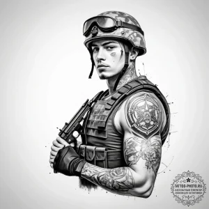 Tattoo sketch soldier with a date - эскиз тату (№1757914665_0, 15.09.2025 05:37) — tattoo-photo.ru