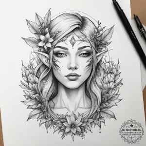 Tattoo sketch wood elf in nature, tattoo flas... - эскиз тату (№1757921158_0, 15.09.2025 07:25) — tattoo-photo.ru