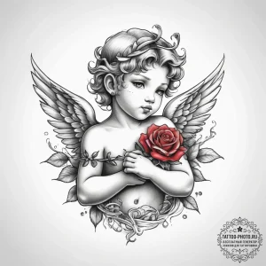 Tattoo sketch cupid with a rose - эскиз тату (№1757924994_0, 15.09.2025 08:29) — tattoo-photo.ru