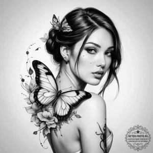 Tattoo sketch butterfly girl tattoo - эскиз тату (№1757930929_0, 15.09.2025 10:08) — tattoo-photo.ru