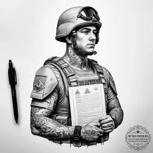 Tattoo sketch soldier with a document, concep... - эскиз тату (№1757935615_0, 15.09.2025 11:26) — tattoo-photo.ru