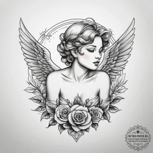 Tattoo sketch cupid with a rose, tattoo line... - эскиз тату (№1757941275_0, 15.09.2025 13:01) — tattoo-photo.ru