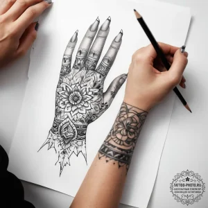 Tattoo sketch hands with a pencil - эскиз тату (№1757945818_0, 15.09.2025 14:16) — tattoo-photo.ru