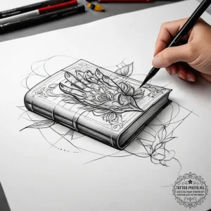 Tattoo sketch hands with a book, tattoo drawi... - эскиз тату (№1757948956_0, 15.09.2025 15:09) — tattoo-photo.ru