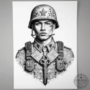 Tattoo sketch soldier with a key, artistic ta... - эскиз тату (№1757949546_0, 15.09.2025 15:19) — tattoo-photo.ru