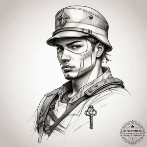 Tattoo sketch soldier with a key, tattoo draw... - эскиз тату (№1757955235_0, 15.09.2025 16:53) — tattoo-photo.ru