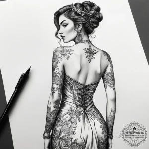 Tattoo sketch evening gown with a quote, tatt... - эскиз тату (№1757959187_0, 15.09.2025 17:59) — tattoo-photo.ru