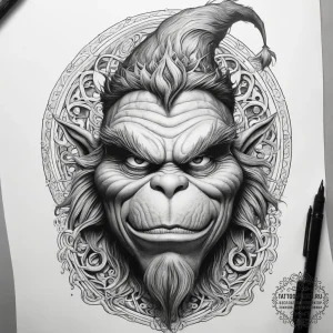 Tattoo sketch the grinch with a horn, concept... - эскиз тату (№1757987596_0, 16.09.2025 01:53) — tattoo-photo.ru