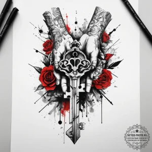 Tattoo sketch hands with a key, artistic tatt... - эскиз тату (№1758012158_0, 16.09.2025 08:42) — tattoo-photo.ru