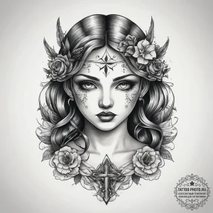 Tattoo sketch nymph tattoo, ink illustration... - эскиз тату (№1758014297_0, 16.09.2025 09:18) — tattoo-photo.ru