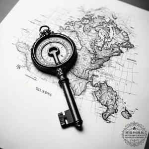 Tattoo sketch old map with a key - эскиз тату (№1758023104_0, 16.09.2025 11:45) — tattoo-photo.ru