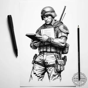 Tattoo sketch soldier with a book - эскиз тату (№1758049186_0, 16.09.2025 18:59) — tattoo-photo.ru
