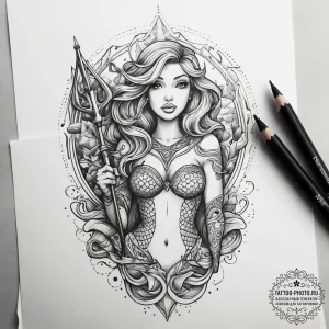 Tattoo sketch mermaid with a trident, concept... - эскиз тату (№1758049767_0, 16.09.2025 19:09) — tattoo-photo.ru