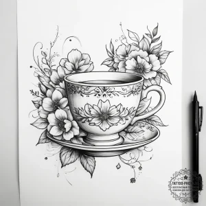 Tattoo sketch light academia teacup and flowe... - эскиз тату (№1758055975_0, 16.09.2025 20:52) — tattoo-photo.ru