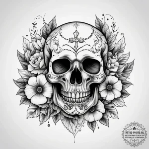 Tattoo sketch skull with flowers, artistic ta... - эскиз тату (№1758061082_0, 16.09.2025 22:18) — tattoo-photo.ru