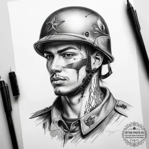 Tattoo sketch soldier with a motto, artistic... - эскиз тату (№1758076302_0, 17.09.2025 02:31) — tattoo-photo.ru