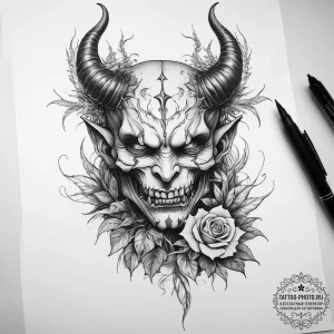 Tattoo sketch demon with a plant, tattoo draw... - эскиз тату (№1758083399_0, 17.09.2025 04:29) — tattoo-photo.ru