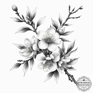 Tattoo sketch plum blossom branch, ink illust... - эскиз тату (№1758086543_0, 17.09.2025 05:22) — tattoo-photo.ru