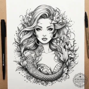 Tattoo sketch mermaid with a plant, tattoo fl... - эскиз тату (№1758112035_0, 17.09.2025 12:27) — tattoo-photo.ru