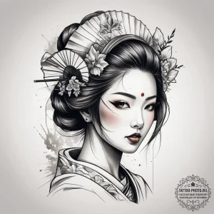 Tattoo sketch geisha with a fan, concept art... - эскиз тату (№1758112811_0, 17.09.2025 12:40) — tattoo-photo.ru