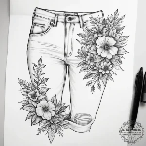 Tattoo sketch denim jeans with a floral patch - эскиз тату (№1758162249_0, 18.09.2025 02:24) — tattoo-photo.ru