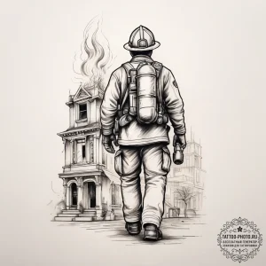 Tattoo sketch firefighter burning building, i... - эскиз тату (№1758175506_0, 18.09.2025 06:05) — tattoo-photo.ru
