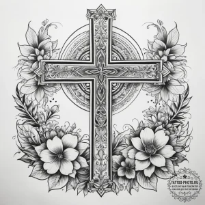 Tattoo sketch christian cross with flowers, t... - эскиз тату (№1758183527_0, 18.09.2025 08:18) — tattoo-photo.ru
