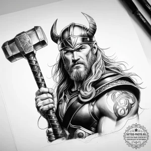 Tattoo sketch thor with his hammer - эскиз тату (№1758185919_0, 18.09.2025 08:58) — tattoo-photo.ru