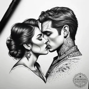 Tattoo sketch romantic kiss with a quote, tat... - эскиз тату (№1758188861_0, 18.09.2025 09:47) — tattoo-photo.ru