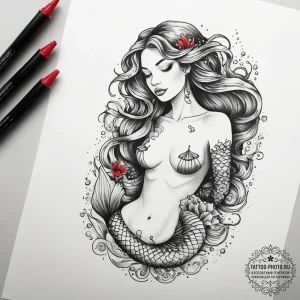 Tattoo sketch mermaid in water, tattoo flash... - эскиз тату (№1758192611_0, 18.09.2025 10:50) — tattoo-photo.ru