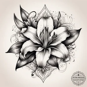 Tattoo sketch lily with a quote, ink illustra... - эскиз тату (№1758205860_0, 18.09.2025 14:31) — tattoo-photo.ru