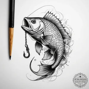 Tattoo sketch fishing a fish on a hook - эскиз тату (№1758209794_0, 18.09.2025 15:36) — tattoo-photo.ru