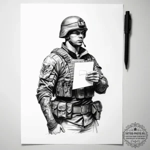 Tattoo sketch soldier with a letter - эскиз тату (№1758215560_0, 18.09.2025 17:12) — tattoo-photo.ru