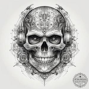 Tattoo sketch cyberpunk skull with circuitry,... - эскиз тату (№1758224628_0, 18.09.2025 19:43) — tattoo-photo.ru