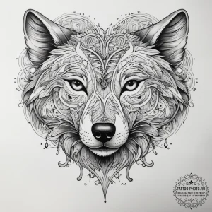 Tattoo sketch узор в виде сердца с волком, in... - эскиз тату (№1758229616_0, 18.09.2025 21:06) — tattoo-photo.ru