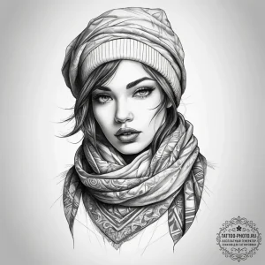 Tattoo sketch winter coat with a scarf, conce... - эскиз тату (№1758243275_0, 19.09.2025 00:54) — tattoo-photo.ru