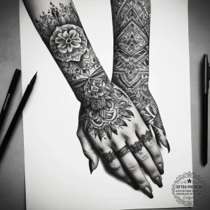 Tattoo sketch hands with a pen, tattoo drawin... - эскиз тату (№1758250321_0, 19.09.2025 02:52) — tattoo-photo.ru
