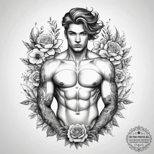 Tattoo sketch torso of a person with flowers... - эскиз тату (№1758253638_0, 19.09.2025 03:47) — tattoo-photo.ru