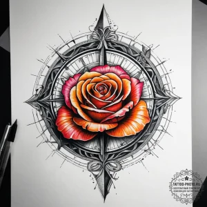 Tattoo sketch sundial with a rose, artistic t... - эскиз тату (№1758258160_0, 19.09.2025 05:02) — tattoo-photo.ru