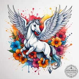 Tattoo sketch pegasus with flowers, concept a... - эскиз тату (№1758262109_0, 19.09.2025 06:08) — tattoo-photo.ru