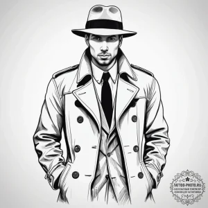 Tattoo sketch detective trench coat and hat,... - эскиз тату (№1758272675_0, 19.09.2025 09:04) — tattoo-photo.ru